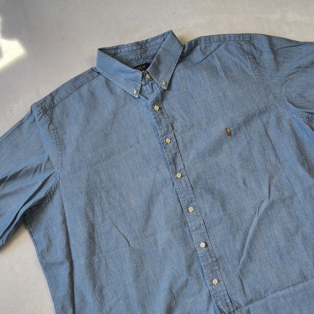Polo Ralph Lauren Shirt Mens 2XLT Blue Short Sleeve Untucked Fit Chambray Button